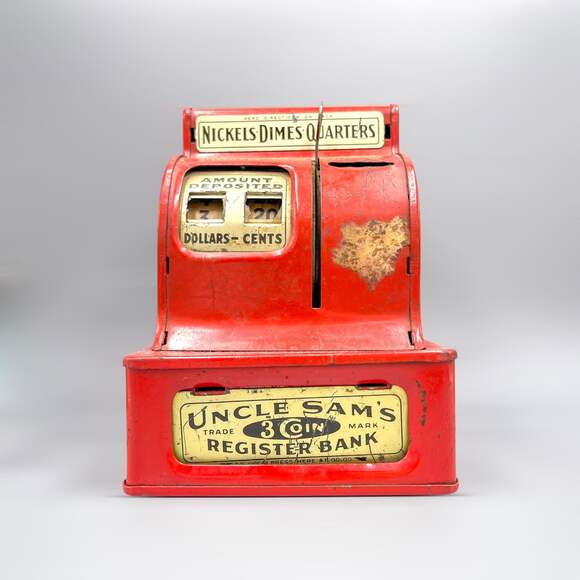 Uncle Sam's Other - Vintage Uncle Sam's 3 Coin Register Bank Red Metal Toy Cash Register
